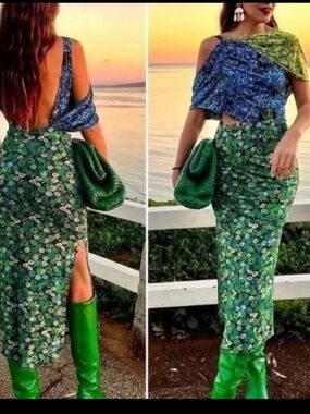 ZARA BodyCon Green & Blue Floral Maxi Dress